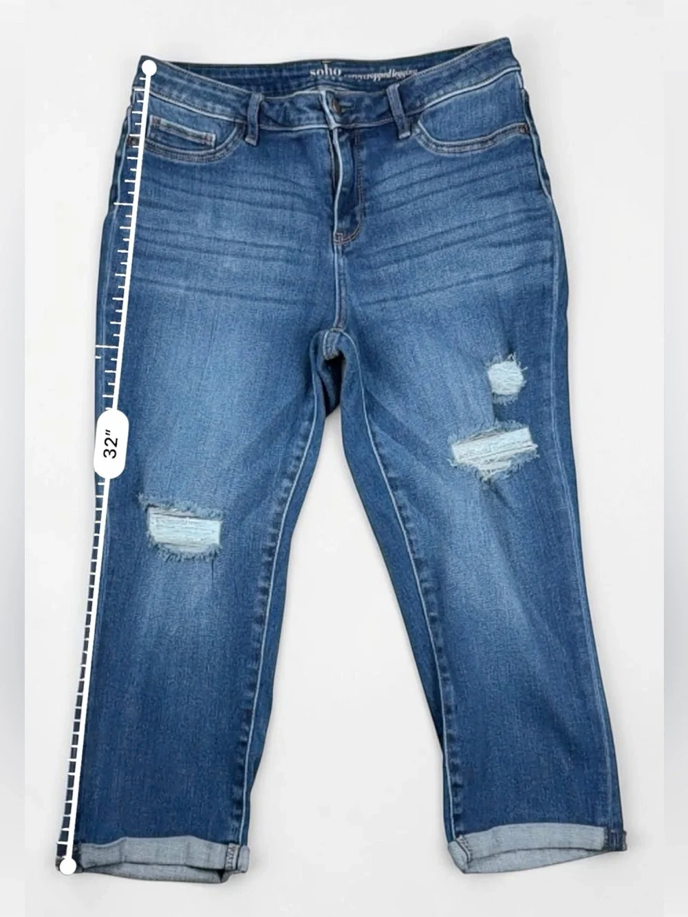 SOHO New York & Company Curvy Cropped Jeans Size 12 Distressed Stretch Denim